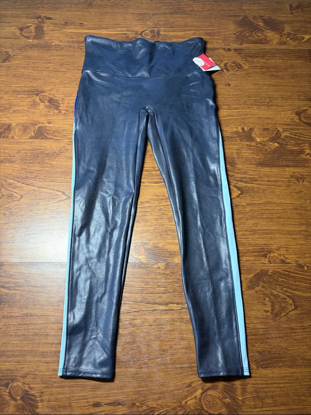 SPANX Blue faux leather Leggings with side stripe design